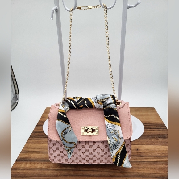 Handbags - Cute Pink Handbag with Scarf Accent w/adjustable Gold Chain Strap